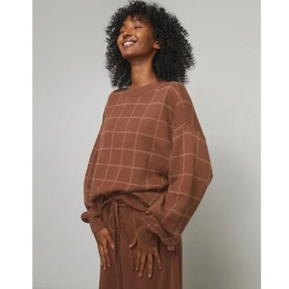 Lunya Cozy Cotton Silk Pullover Sweater in Humble Brown Walnut Windowpane - Picture 1 of 5